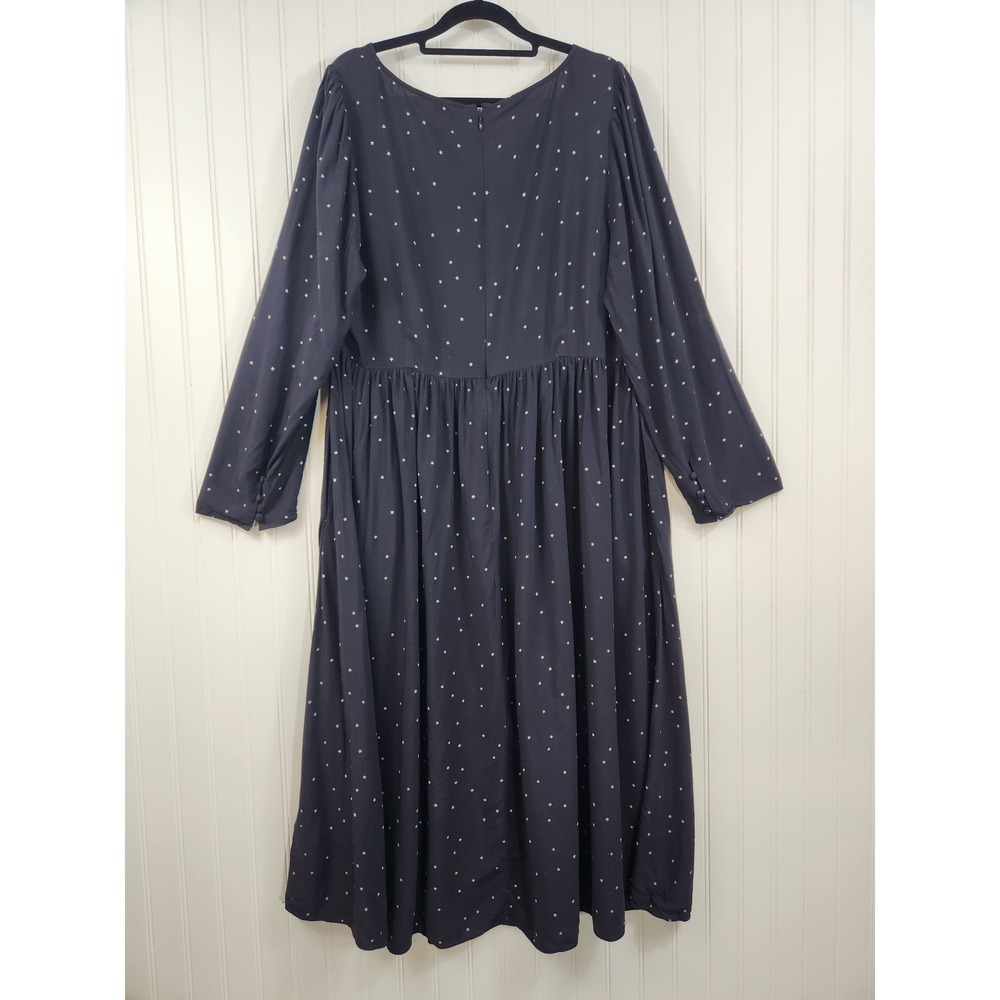 Madewell Star Print Midi Dress Navy Blue Long Sleeve Empire Waist Viscose Sz 14 - Picture 2 of 10